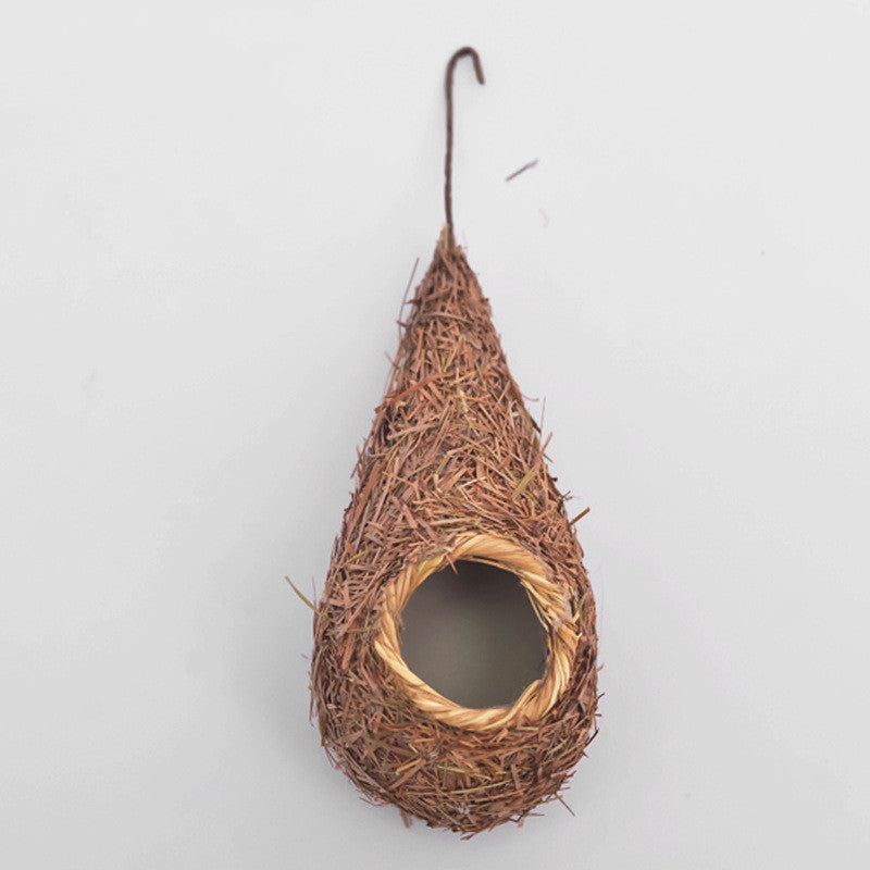 Small Bird Nest for Cage, Handwoven Straw Birdhouse with Metal Hook - Outdoor Bird Supplies