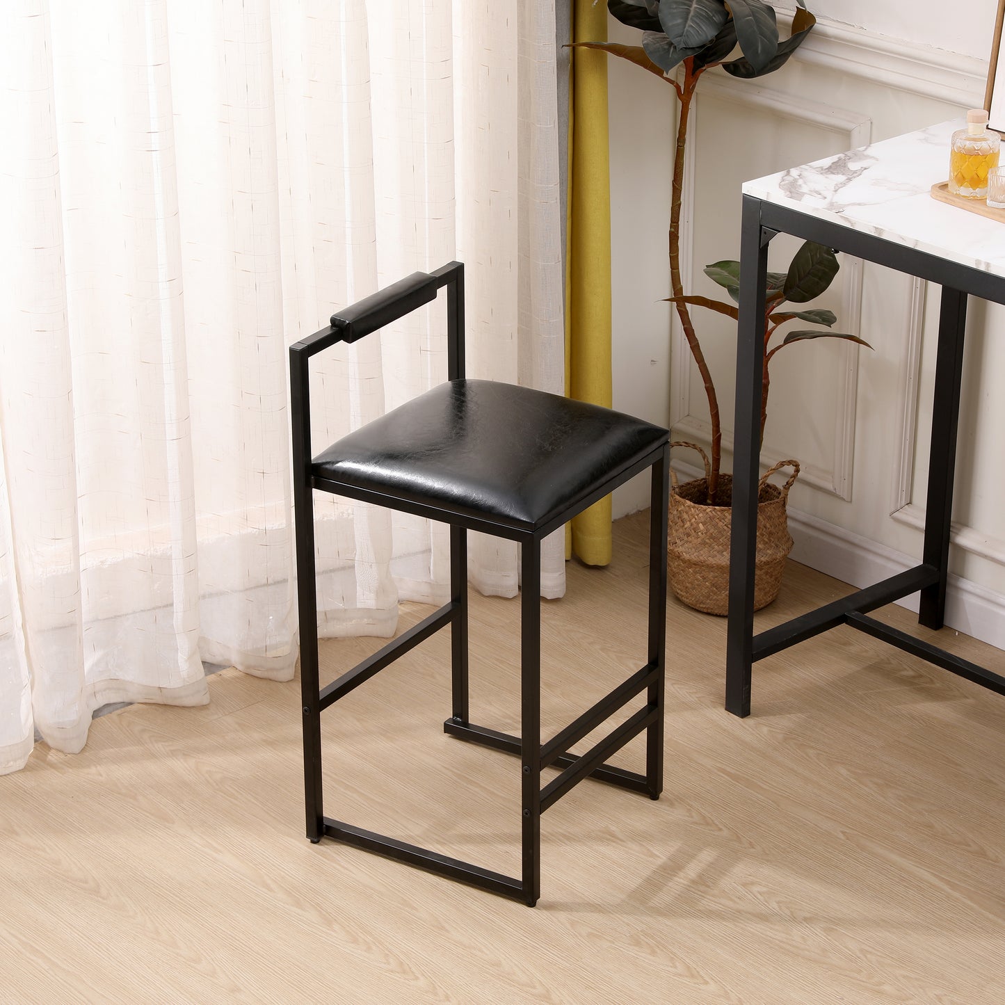 Black Bar Stools with Backrest - Set of 2 Counter Height Chairs