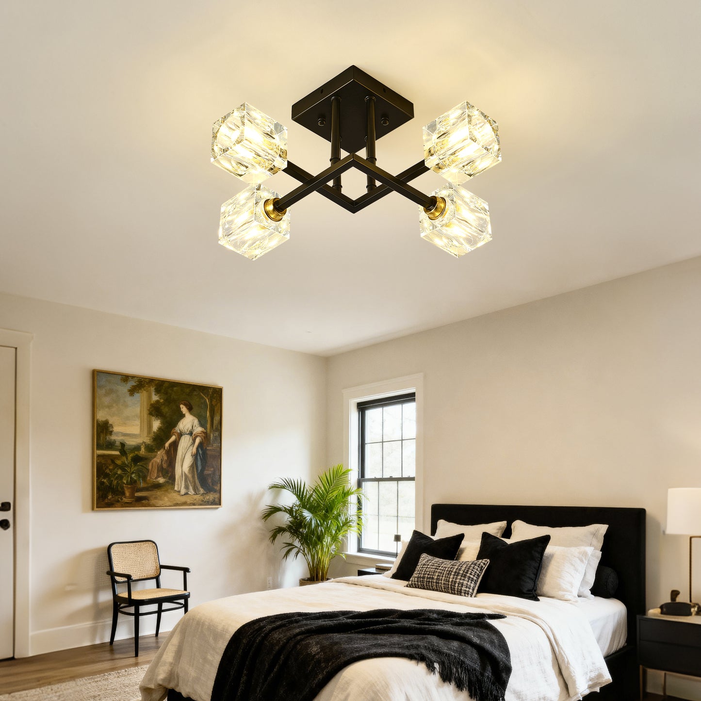 Modern Crystal Ceiling Light - 4 Lights, Matte Black, D16.99in H15.35in