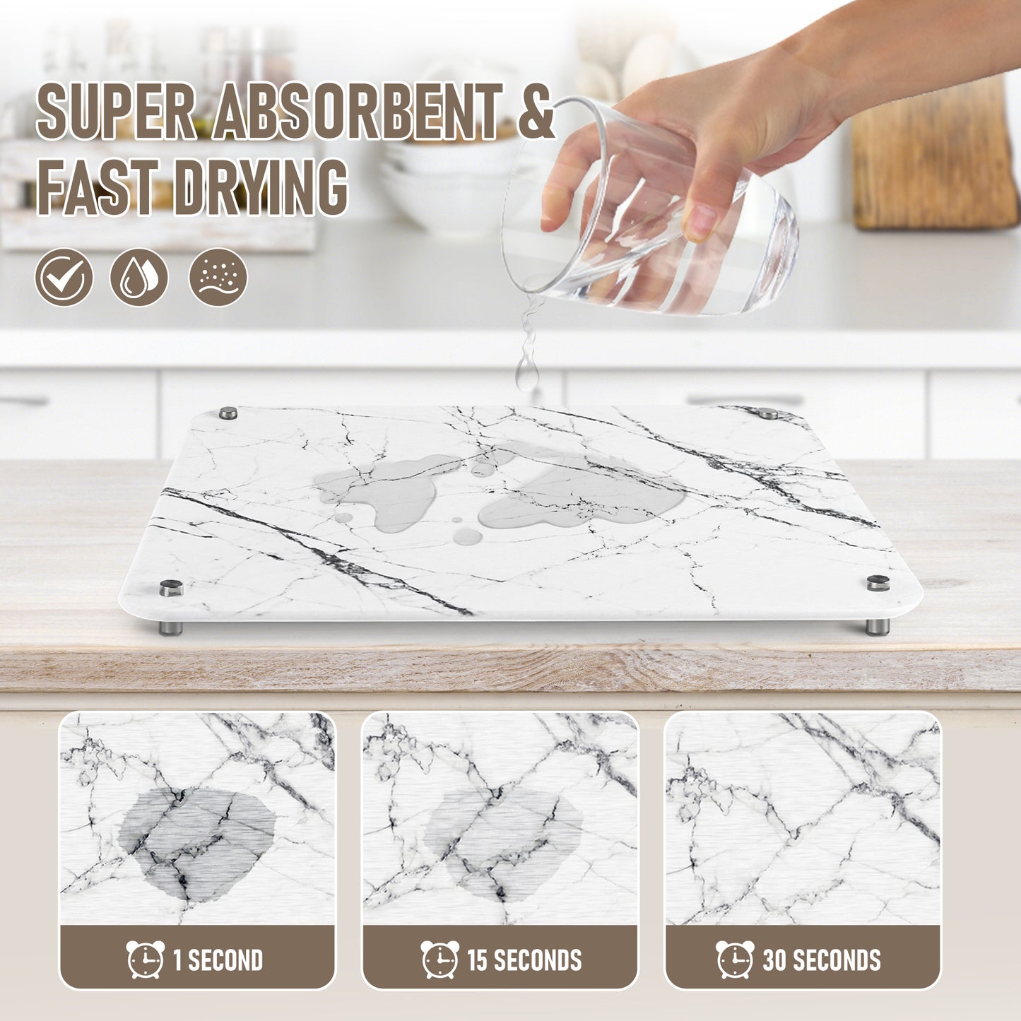 Diatomaceous Stone Drying Mat - White Marble Look, 15.75" x 11.81"