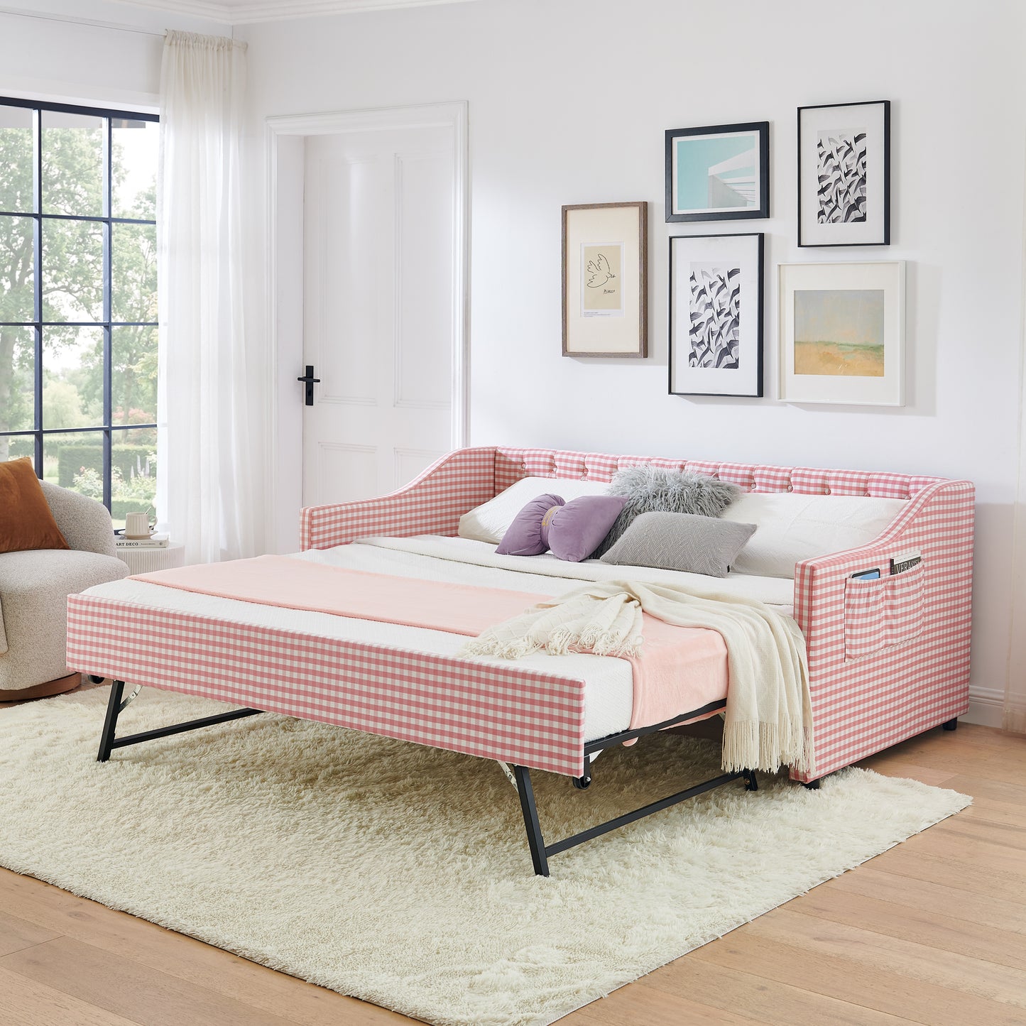 Twin Size Upholstered Daybed with Trundle & Storage - Pink