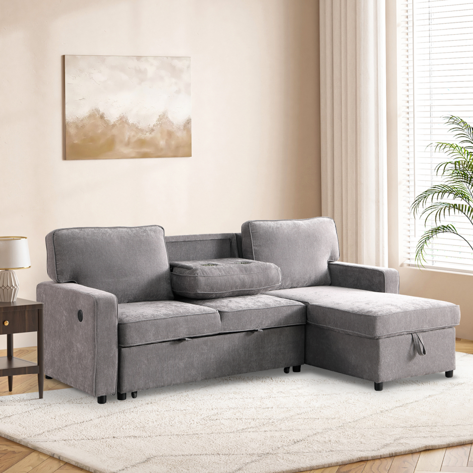 Sectional Sofa Bed with Storage, USB Port & Cup Holders - Gray