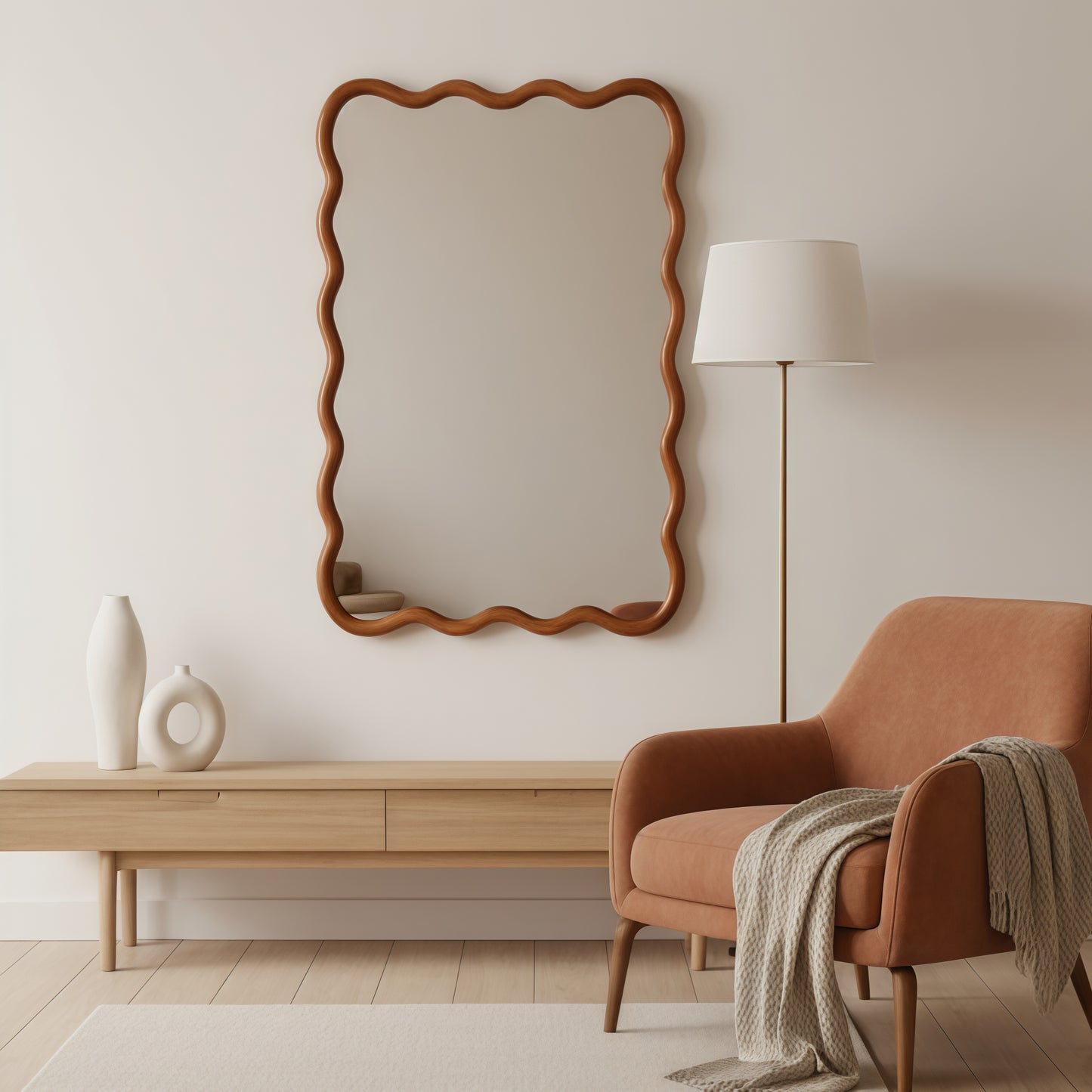 Wavy Rectangle Solid Wood Frame Decorative Mirror - Yellow Brown 24x36