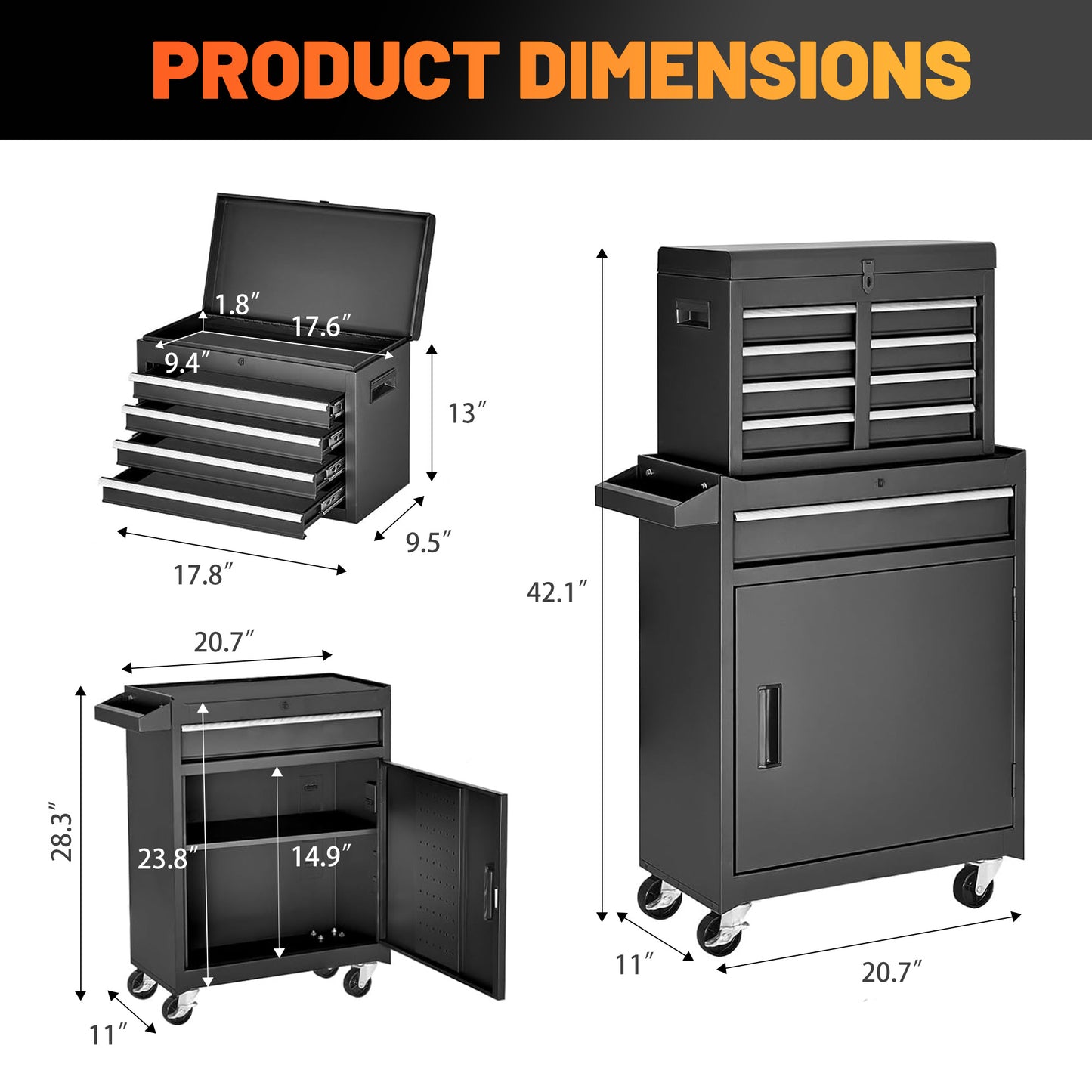 Rolling Tool Chest with 5 Drawers, Lockable Cabinets & Detachable Top - Black Steel Garage Storage