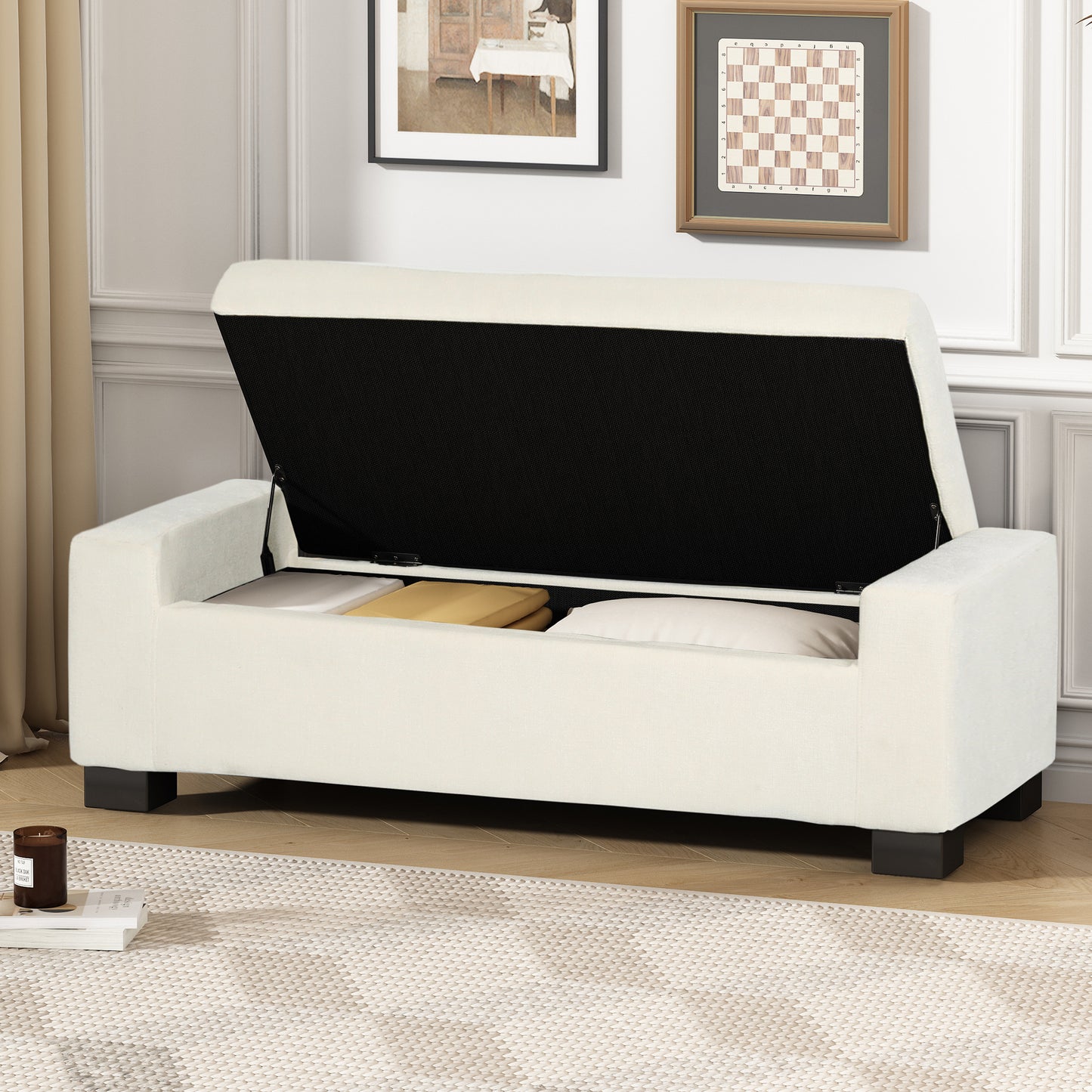 50-Inch White Storage Ottoman with Hinged Lid for Living Room & Bedroom