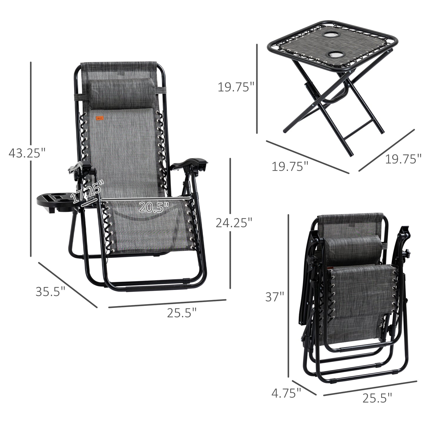 Folding Zero Gravity Chair Set with Side Table & Cupholders - Gray