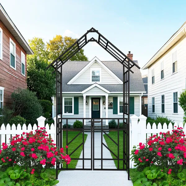 Metal Garden Arch with Gate - Black Climbing Plant Support