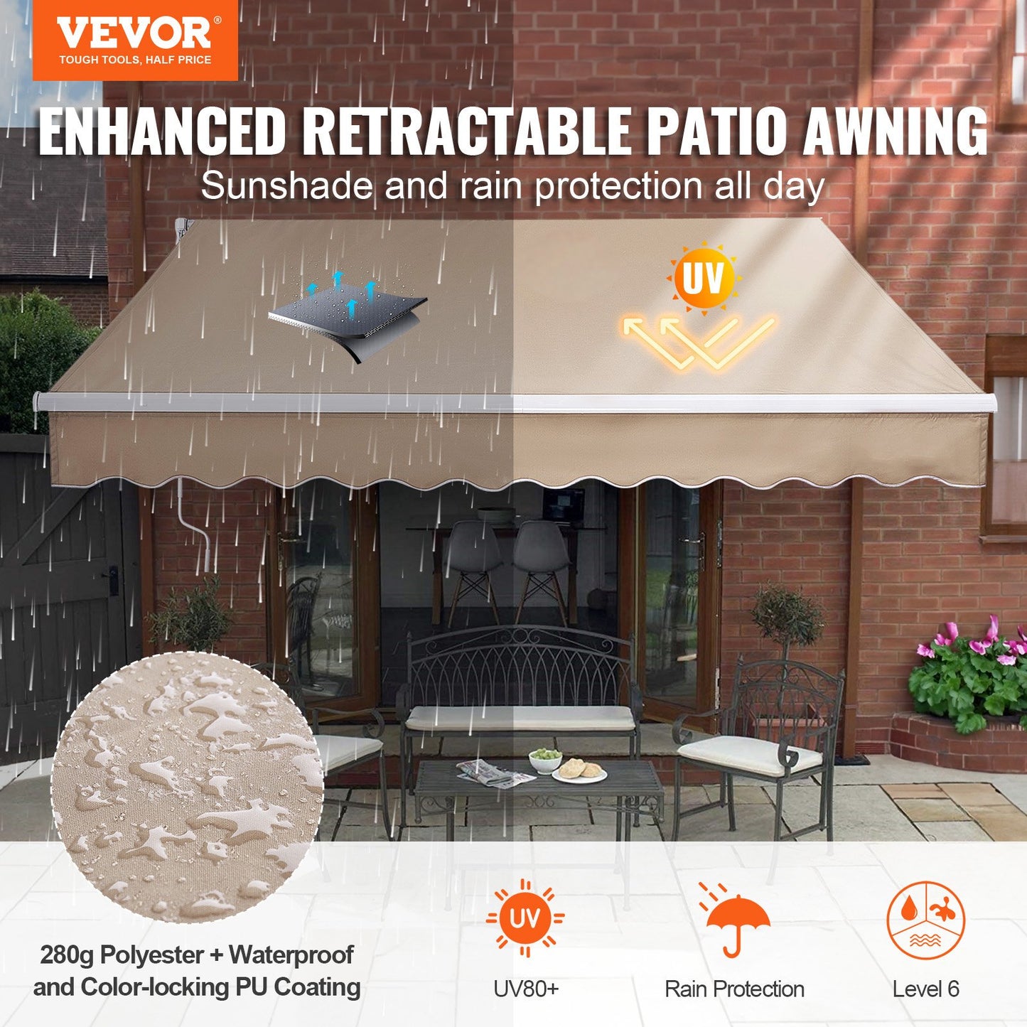 8x7 Ft Retractable Patio Awning Sun Shade Water-Resistant Polyester with Crank