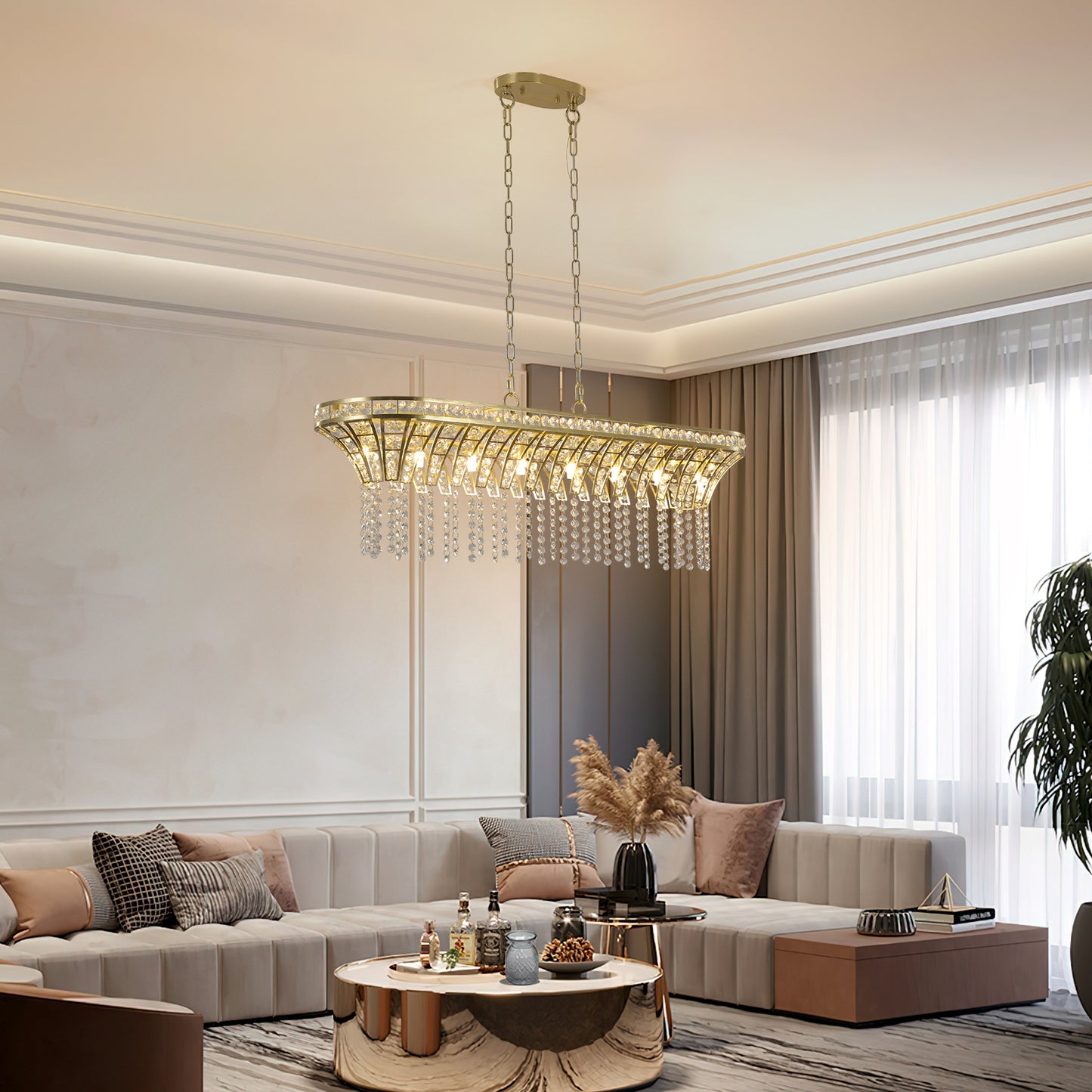 39-Inch Modern Crystal Pendant Light with Gold Finish for Living Room & Dining