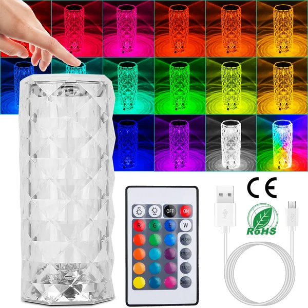 Crystal Diamond Rose Table Lamp - Dimmable Night Light with Remote & Touch Control