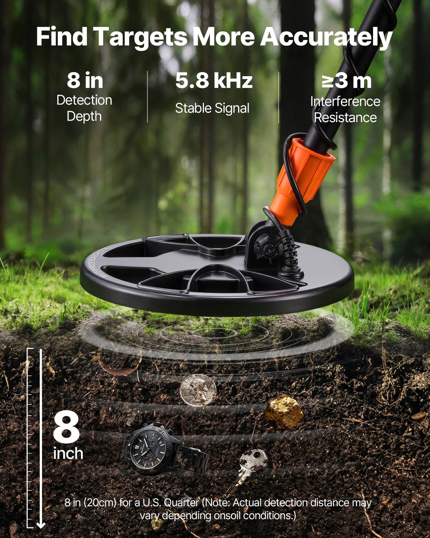 Adult Metal Detector with Waterproof Search Coil, Headphones & 3 Modes - Gold & Treasure Hunting