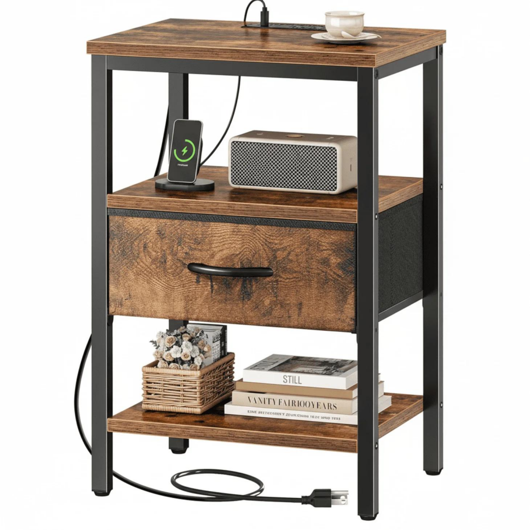 Bedside Table with USB-C Port and Adjustable Drawers - Brown
