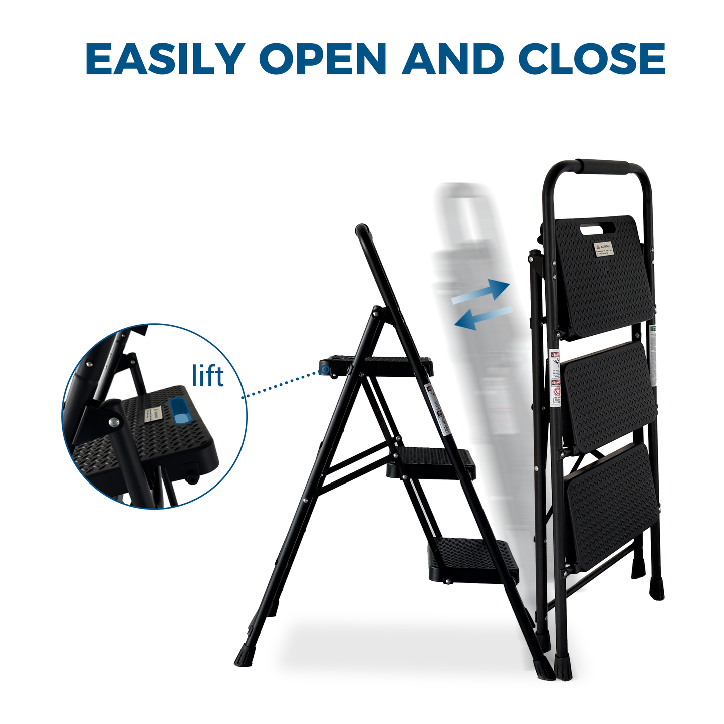 3-Step Folding Step Ladder with Anti-Slip Pedals - Black