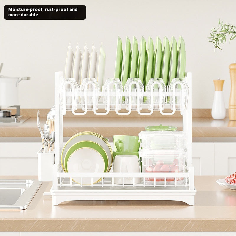 Kitchen Multi-Functional Storage Rack with Hanging Cup Drain Basket - Double Layer White