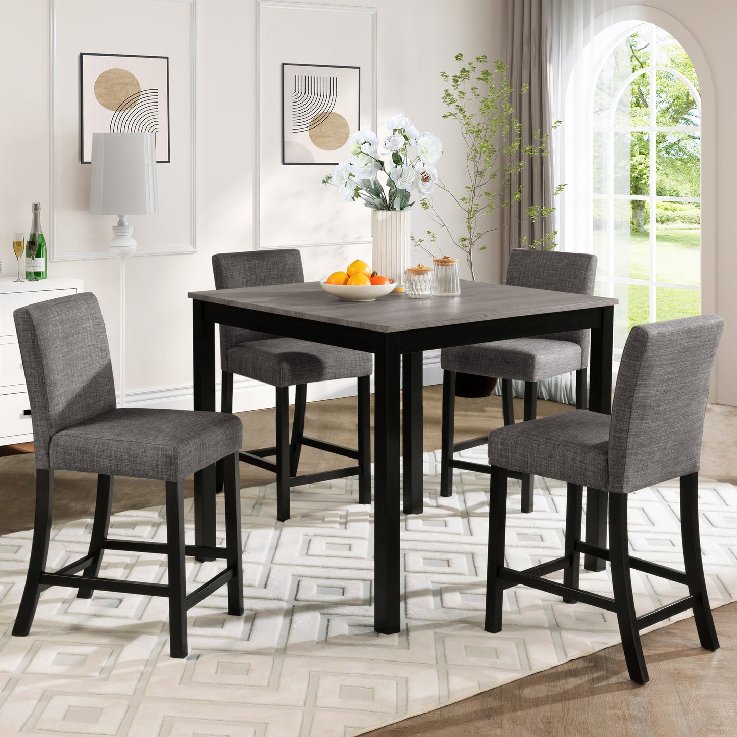 Counter Height Dining Table Set with 4 Chairs - Light Grey & Black