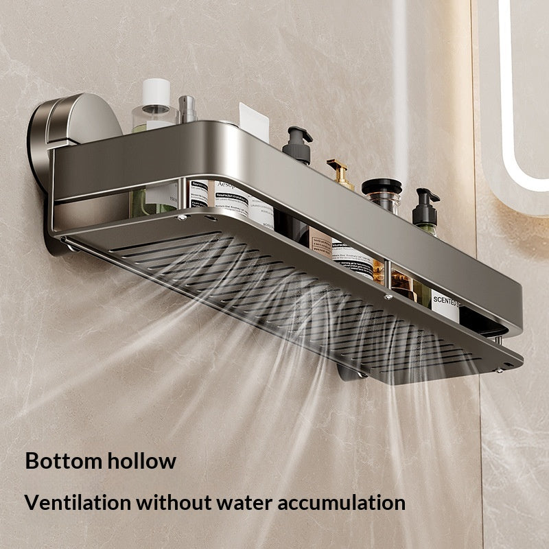 Adjustable Bathroom Wall Shelf with Suction Cups and Towel Hooks - 50CM Double Layer