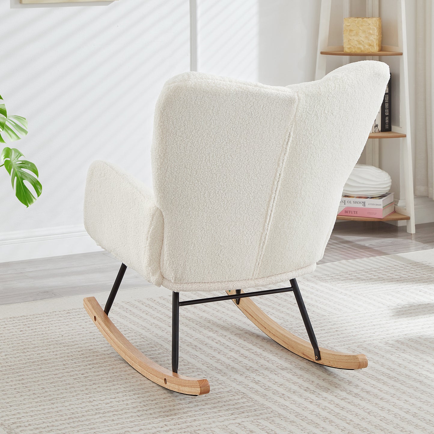 Ivory Upholstered Teddy Fabric Rocking Chair - Ergonomic Design