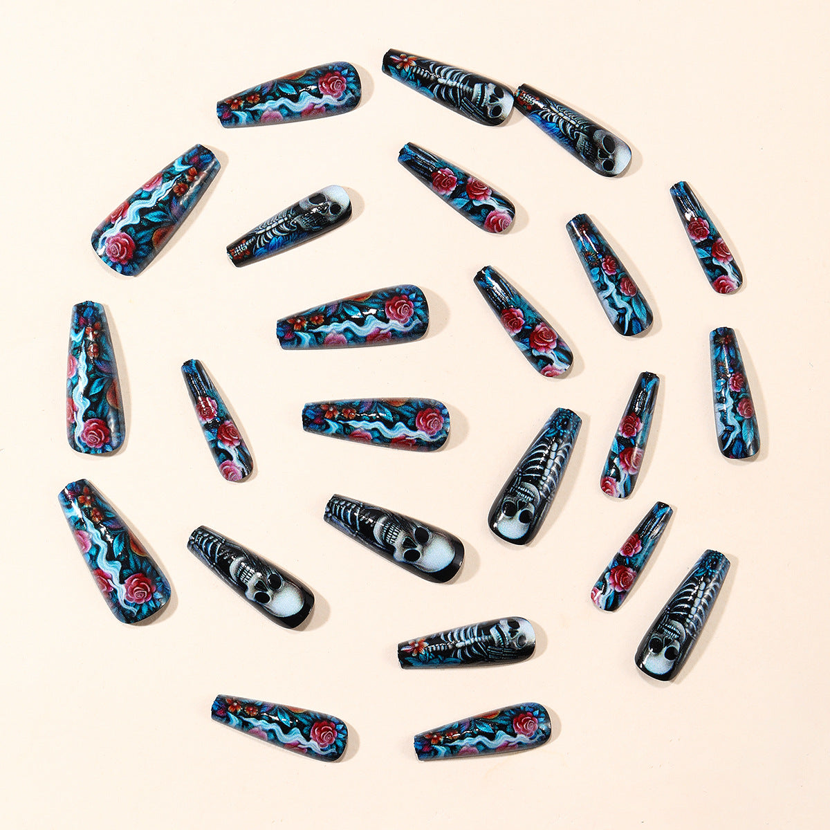 Removable Nail Tips with Flower and Skull Design - Long Ballet Style