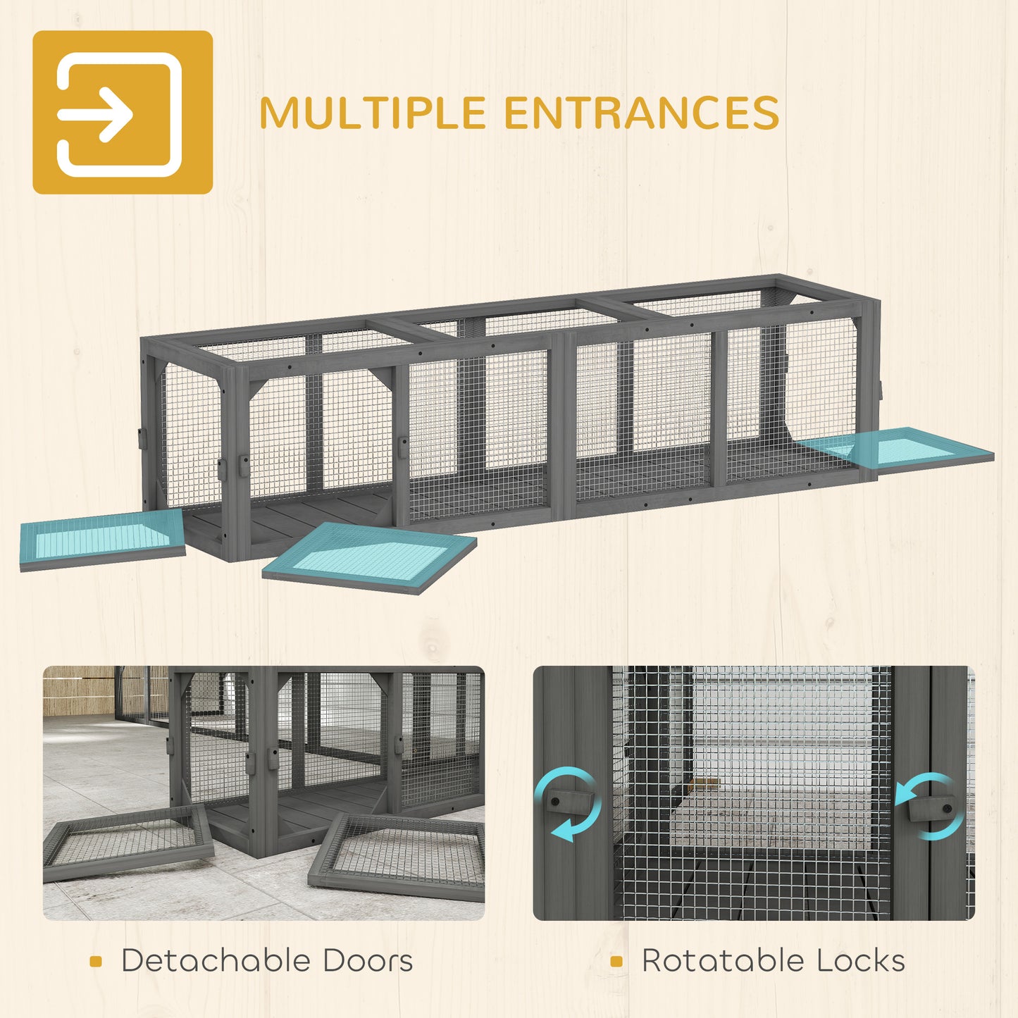 Extendable Outdoor Cat Tunnel with 3 Doors - Gray Wooden Pet Play Enclosure 59 Inches