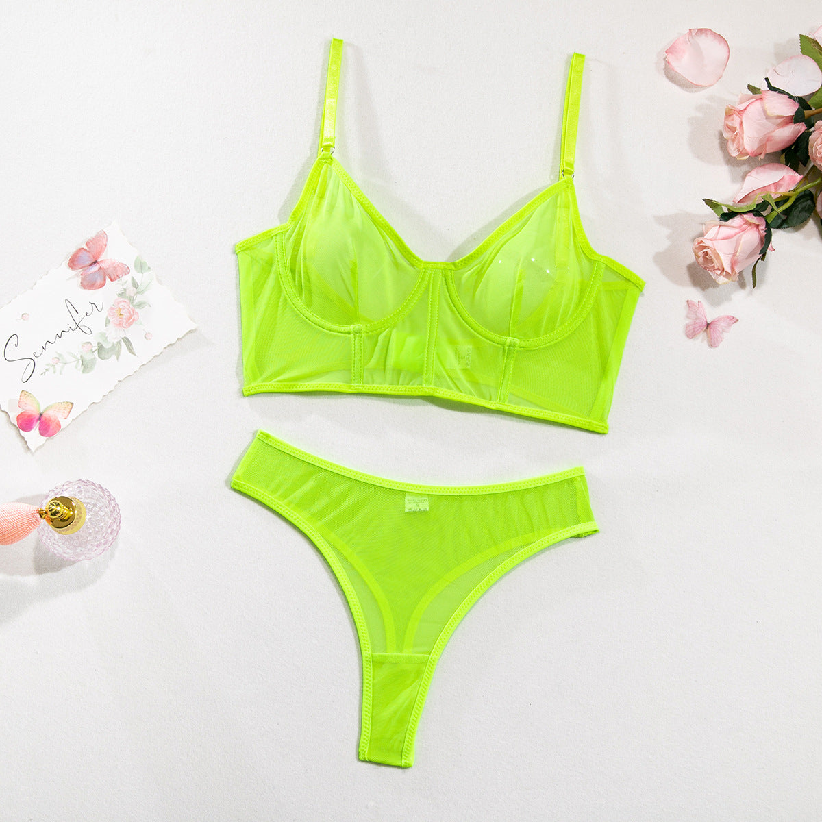 Women's Mesh Push-Up Underwear Set with Contrast Color Fishbone Design