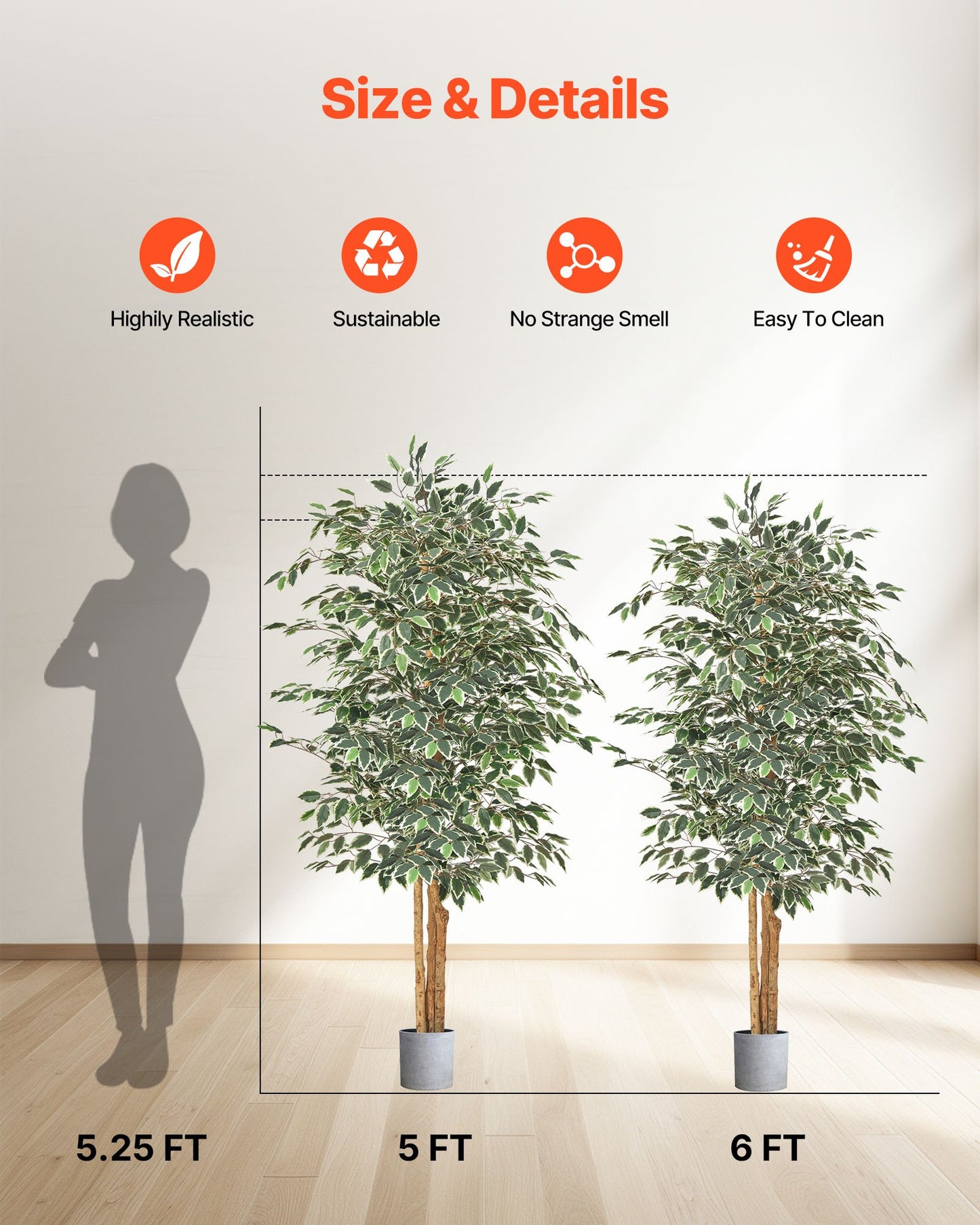 6FT Artificial Ficus Tree with Black Pot - Indoor Faux Plant Decor