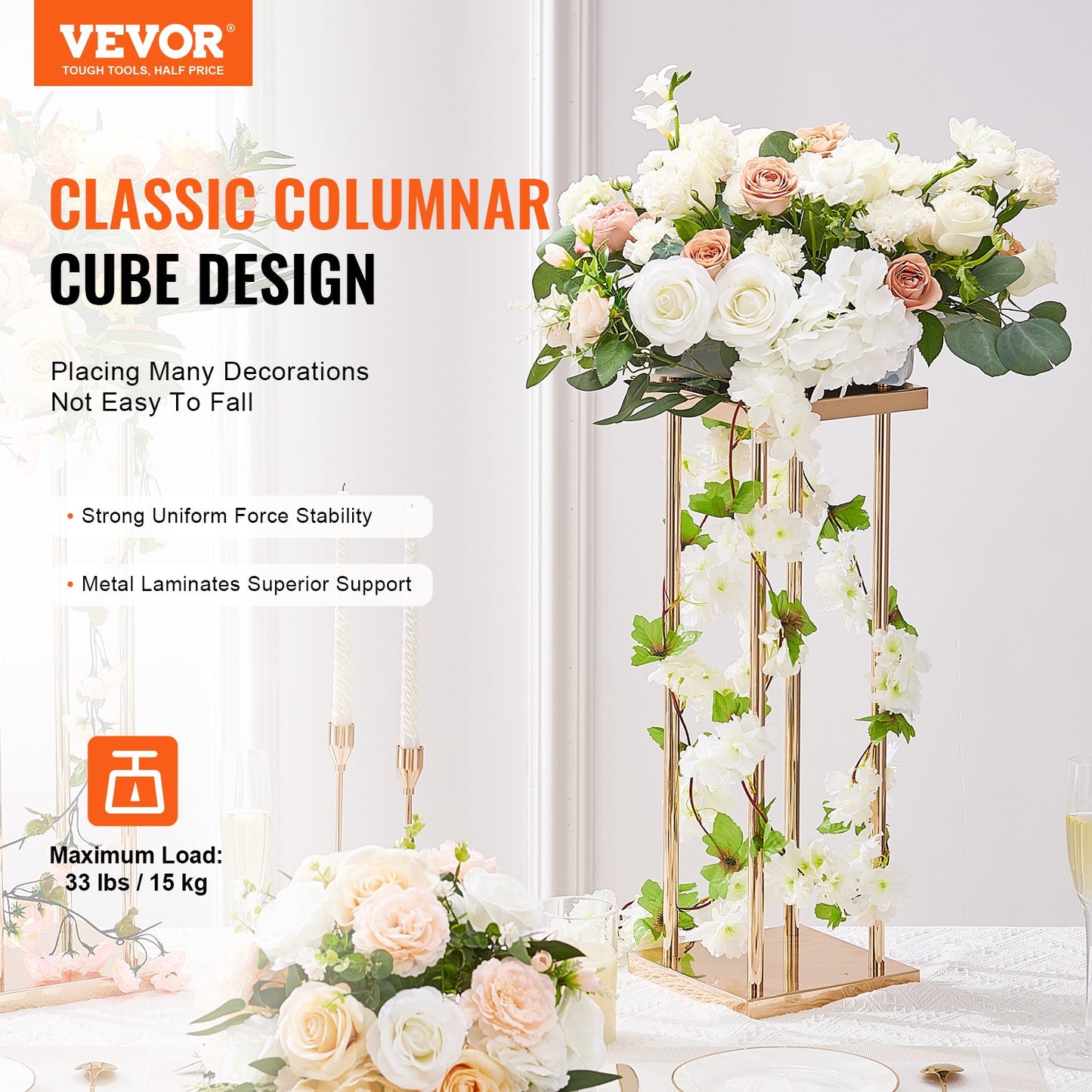 Set of 4 Gold Metal Wedding Flower Stands - 23.6 Inch Tall Cylindrical Floral Display Racks