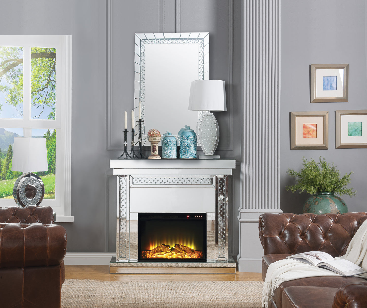 Nysa Silver Mirrored Electric Fireplace with Faux Crystals