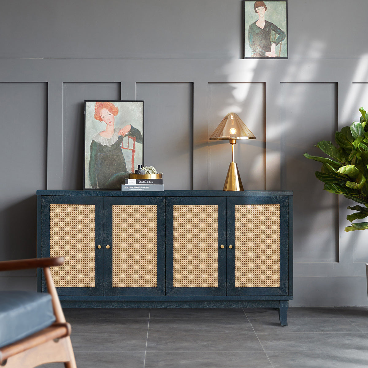Rattan Sideboard Cabinet with 4 Doors - Antique Navy Blue