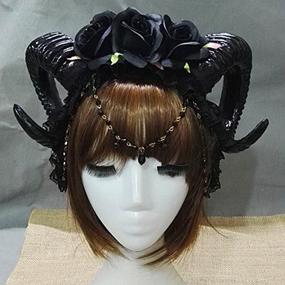 Halloween Vampire Headband with Roses and Horn Veil - Festive Hair Accessory