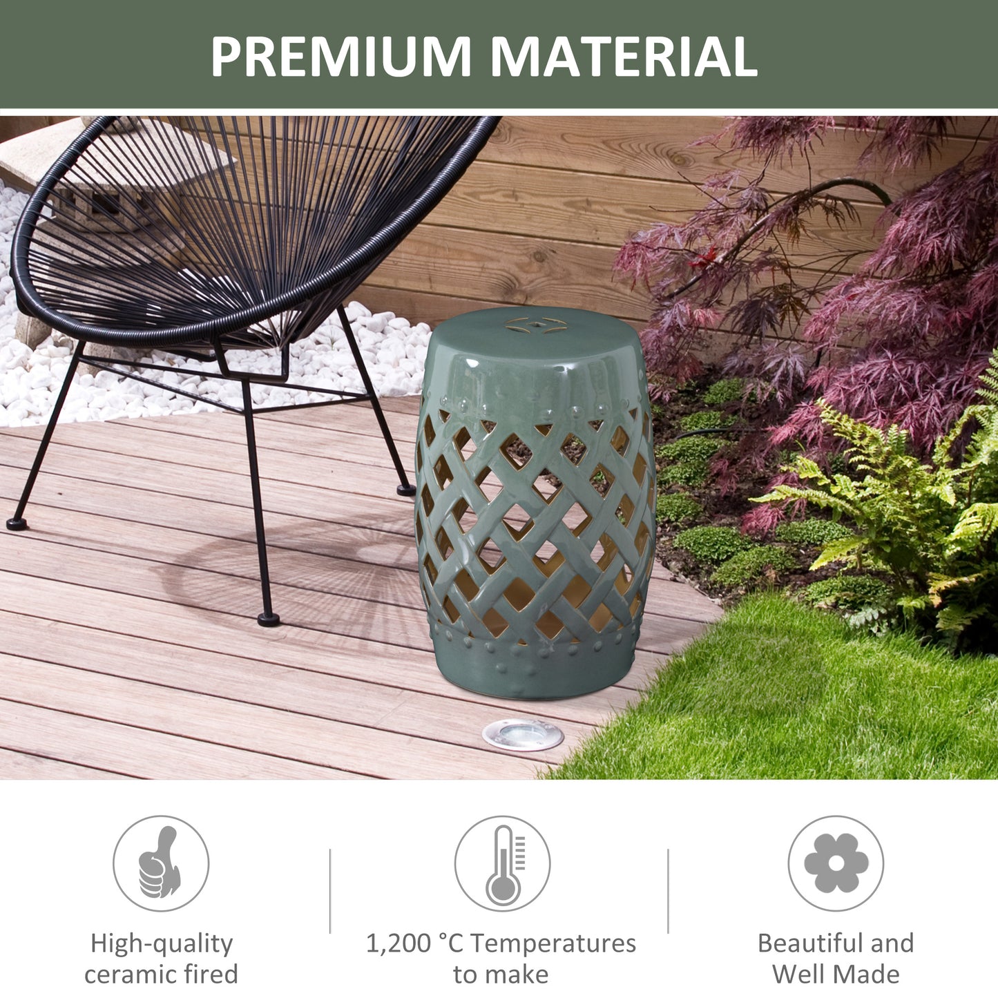 Ceramic Garden Stool - Woven Lattice Design, Green