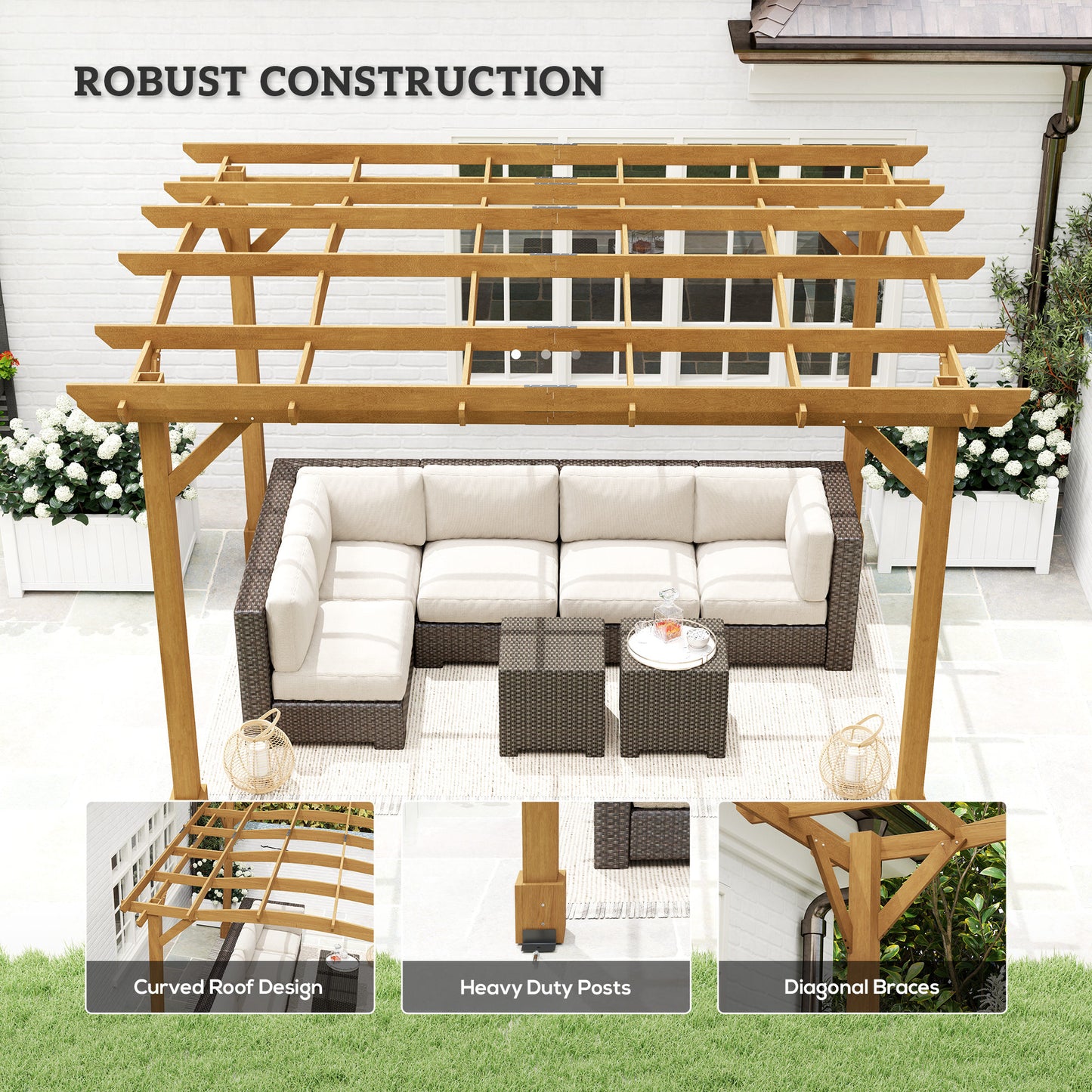 10x12 Outdoor Wood Pergola with Arched Roof for Climbing Plants - Dark Brown