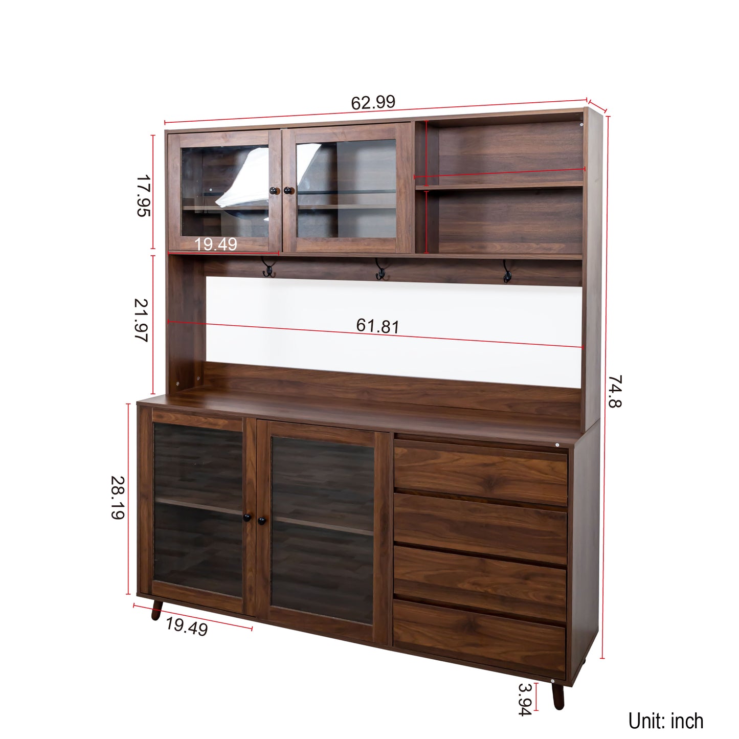 63" Large Freestanding Kitchen Hutch Cabinet with 4 Doors & Drawers - Walnut