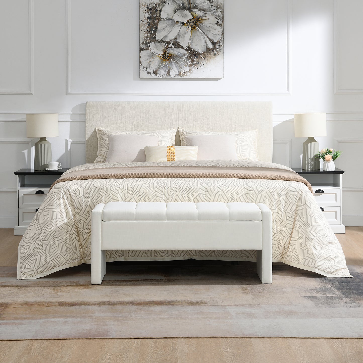 Upholstered Storage Bench with Comfy Design - Beige