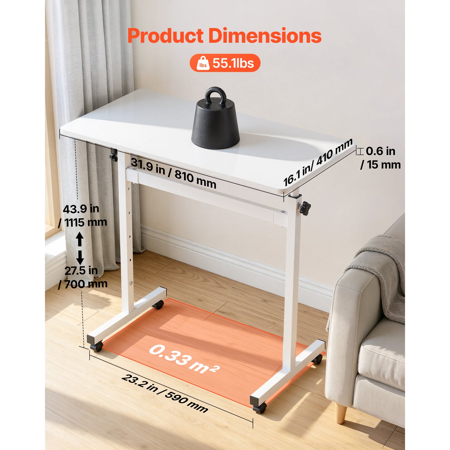 Adjustable Standing Desk with Lockable Casters - 32x16in Mobile Workstation, White