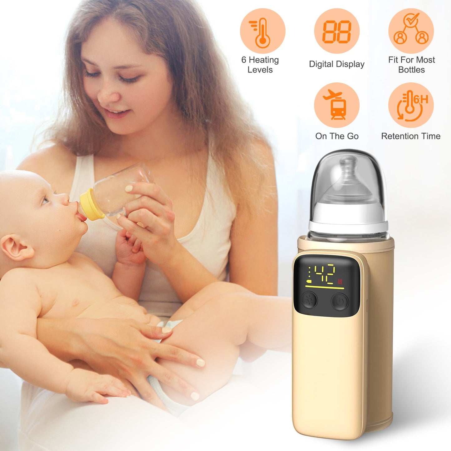 Portable Baby Bottle Warmer with Night Light - Travel & Home Use, 6 Heating Levels
