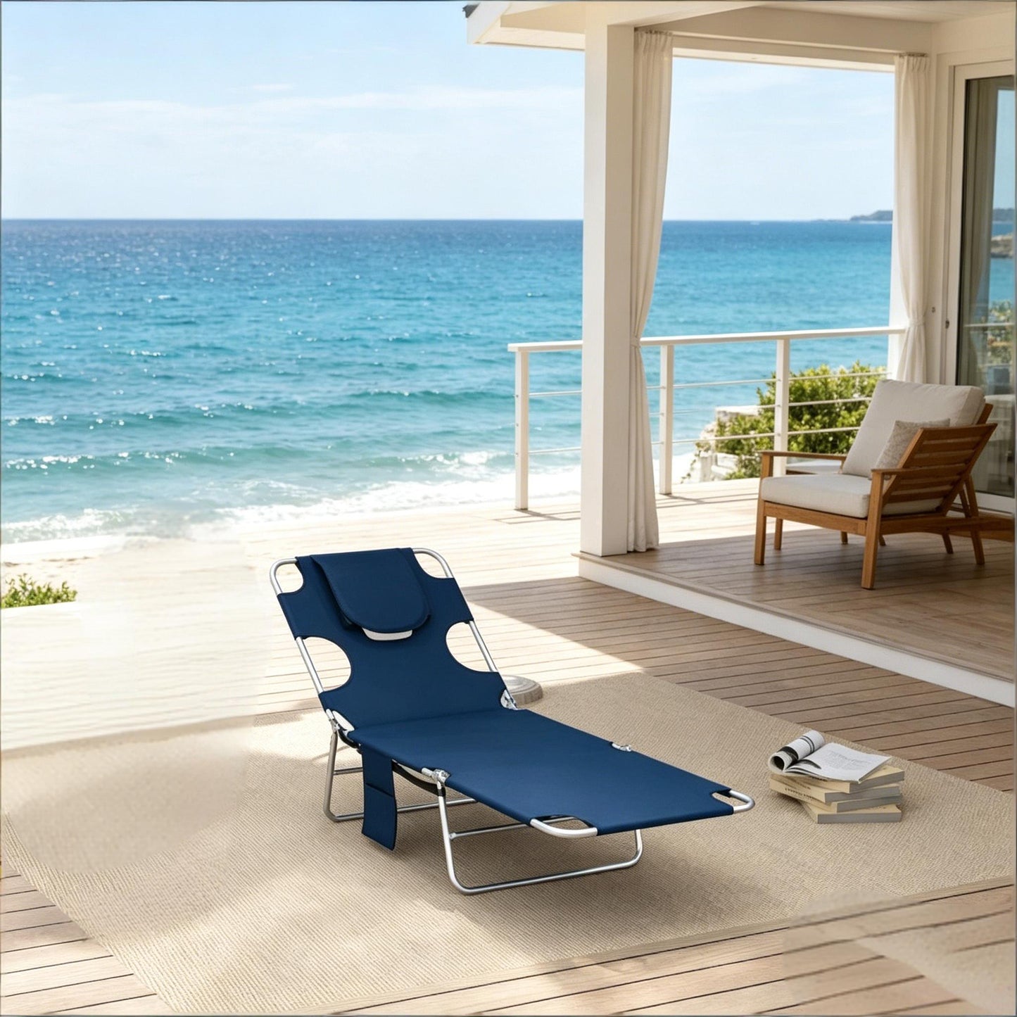 Adjustable Outdoor Chaise Lounge Chair - Dark Blue & Silver