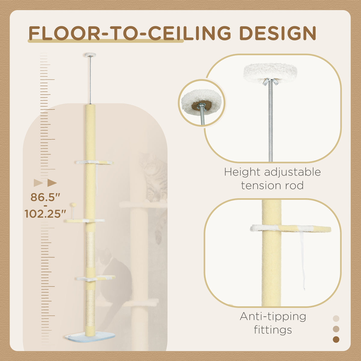 Adjustable Floor-to-Ceiling Cat Tree with Plush Platforms and Scratching Posts - Yellow