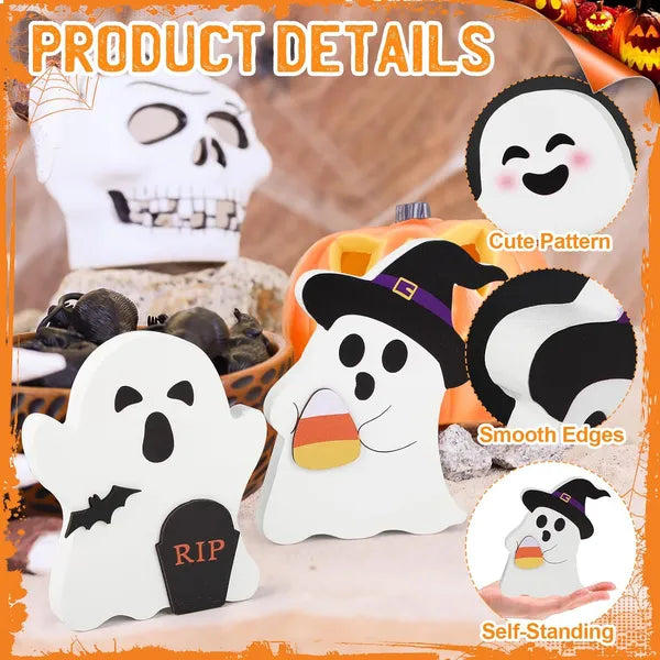 Cute Ghost Halloween Decorations Set - Wooden Signs for Tiered Tray