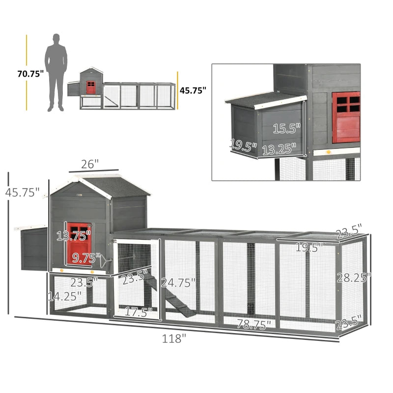 Large Wooden Chicken Coop with Asphalt Roof, Nesting Box & Run - Gray
