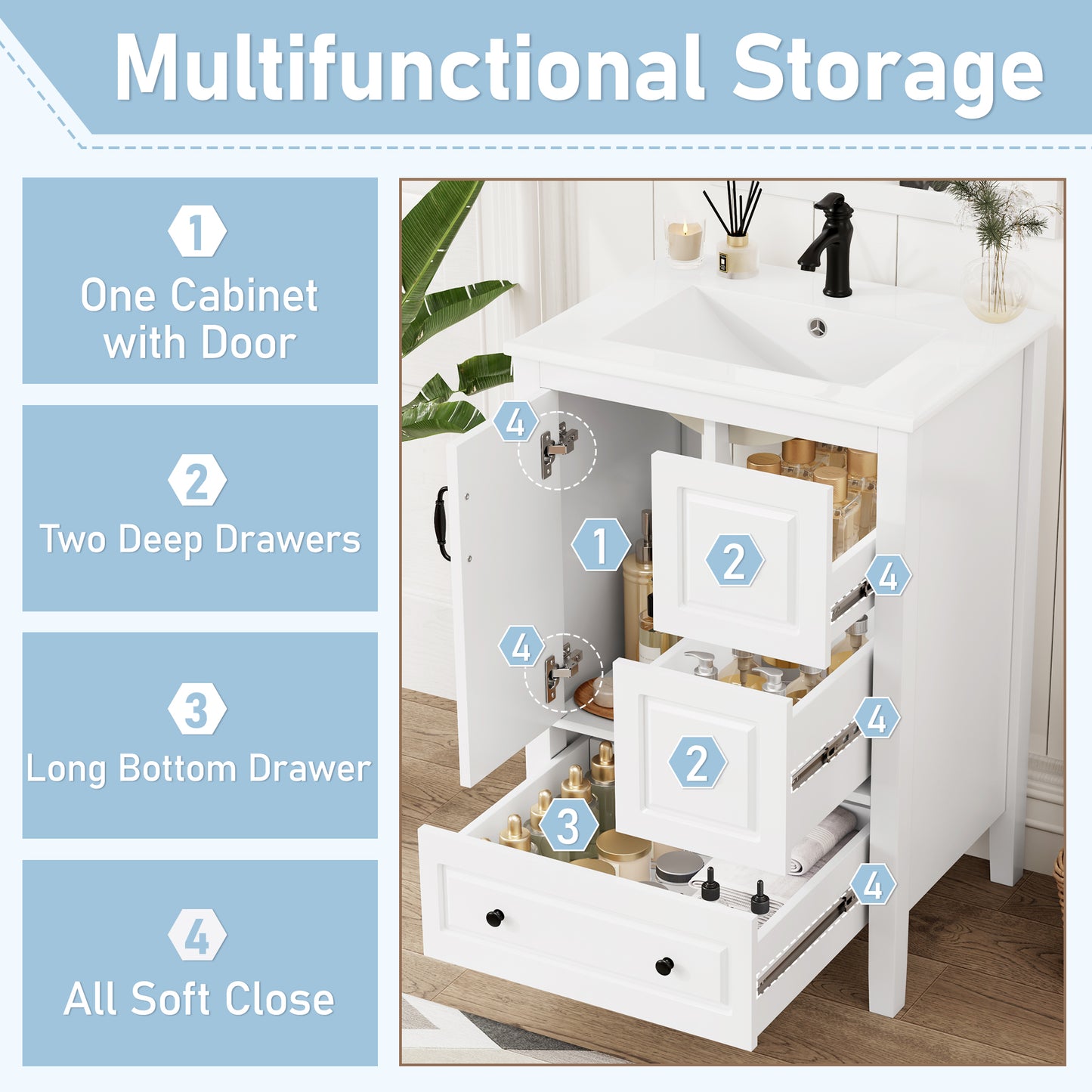 24 Inch Bathroom Vanity with Sink and Soft-Close Drawers - White