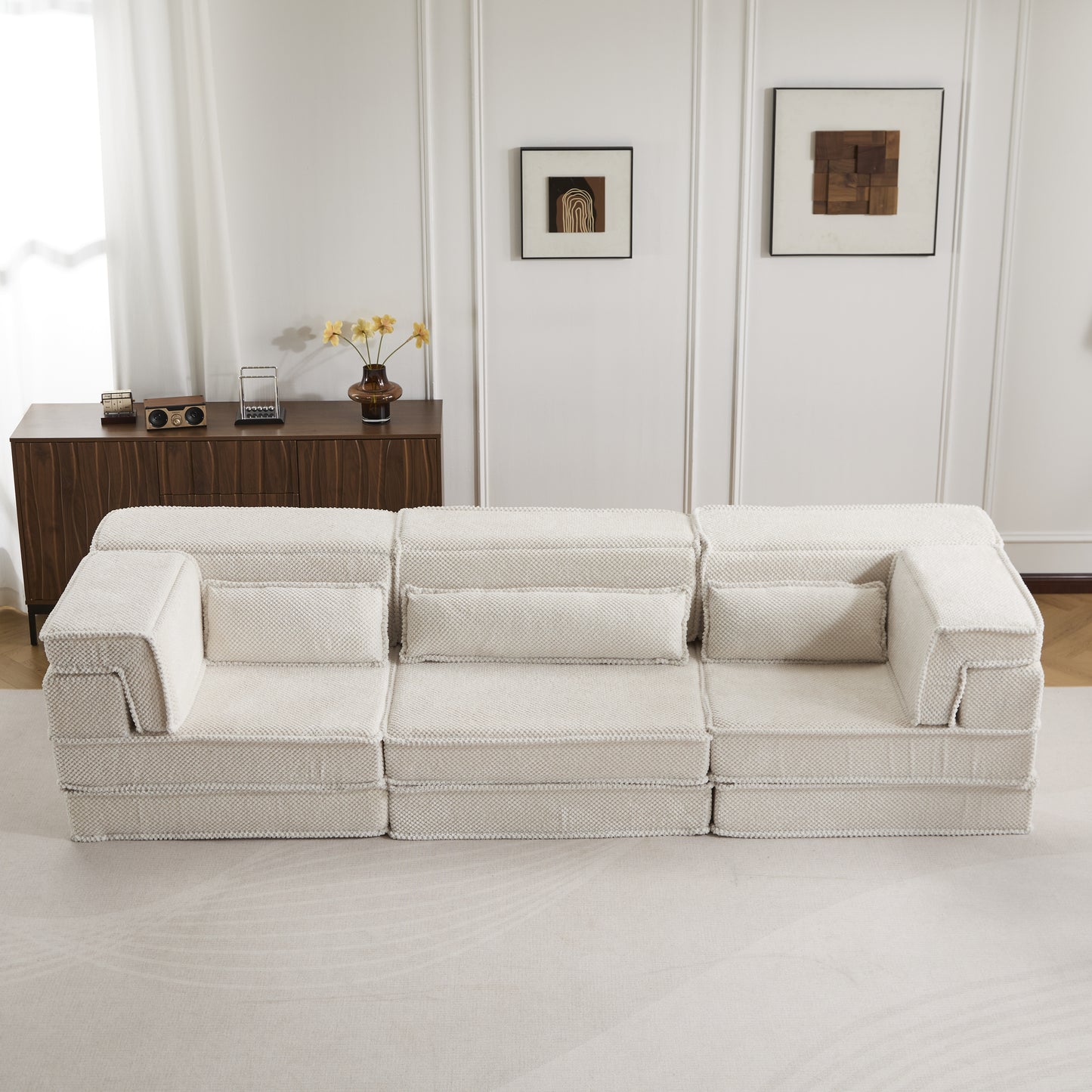 Convertible White Floor Sofa Bed - Oversized 3 Seater with Pillows