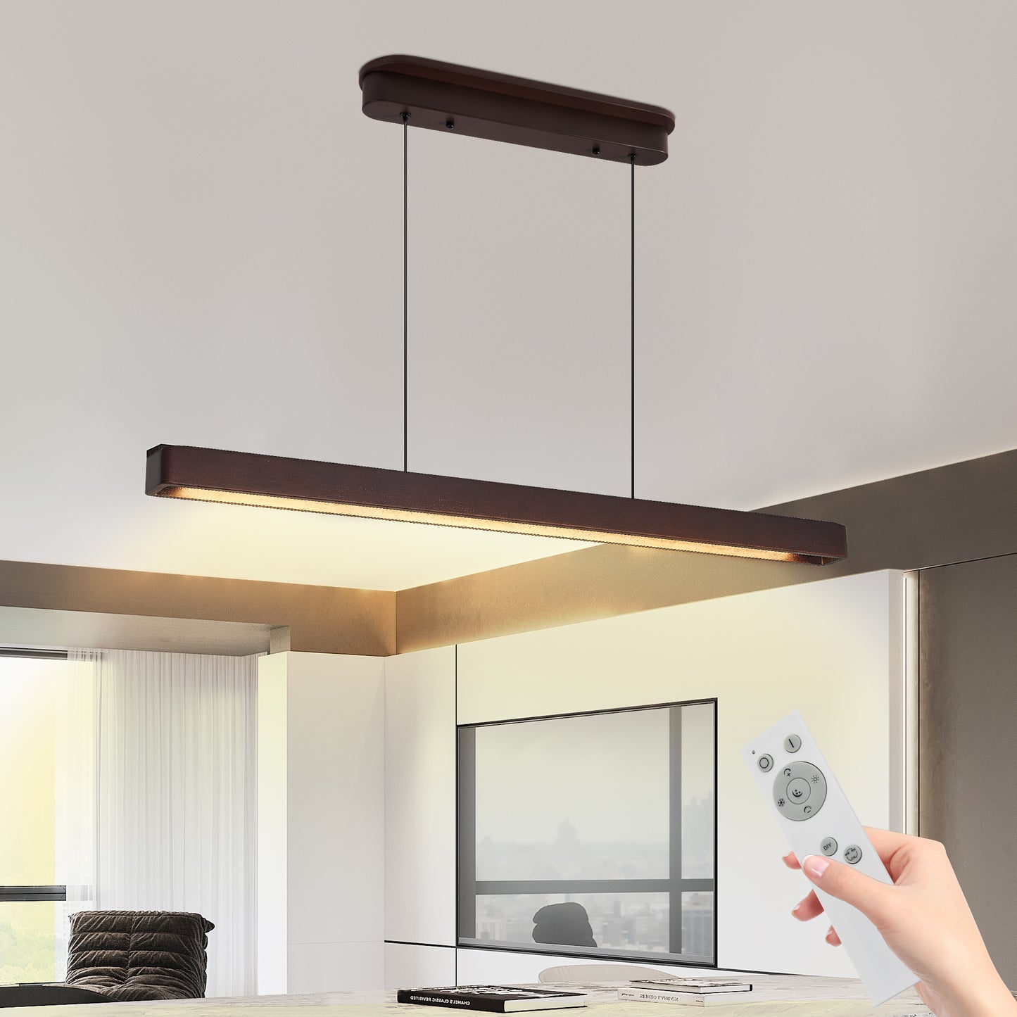 39-Inch Walnut Wood LED Pendant Light - Adjustable Modern Fixture
