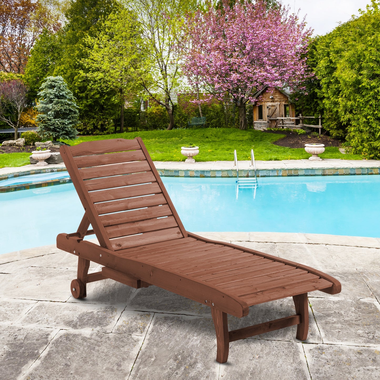 Chaise Lounge Chair - Outdoor Wooden Chair with Adjustable Backrest & Wheels