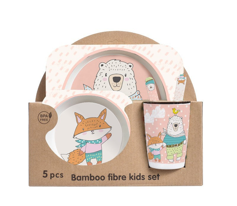 Baby Bamboo Tableware Set 5pcs - Cartoon Childrens Dinnerware for Kids