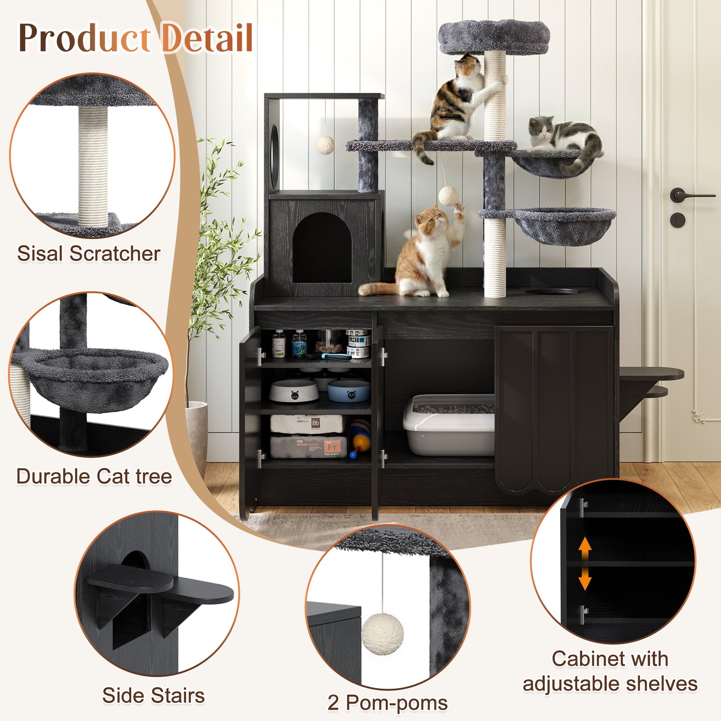 50.6 Cat Tree With Litter Box Enclosure, Tower Sisal Scratching Post