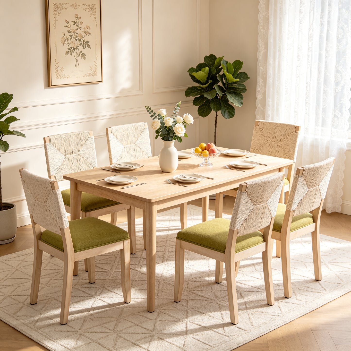Olive Green Dining Chairs Set of 2 - Woven Back & Linen Seat