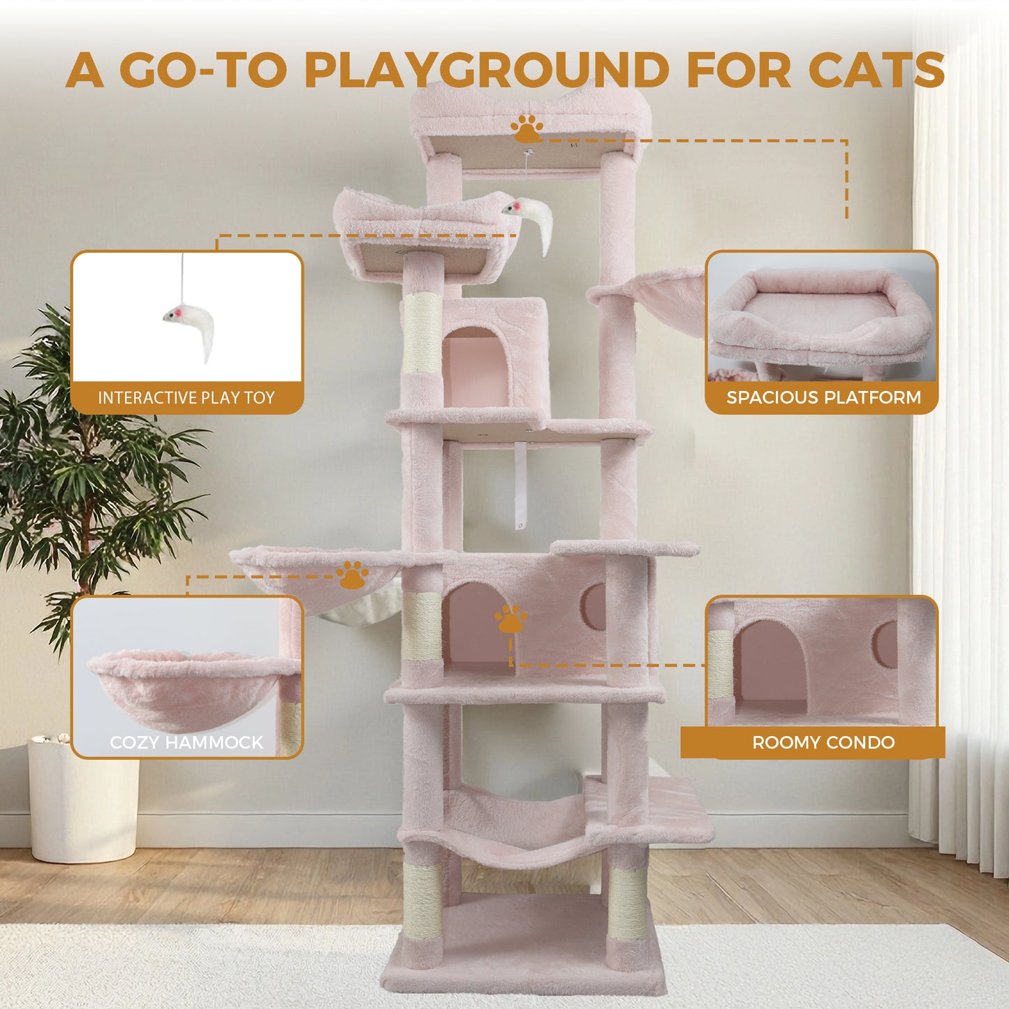Pink Multi-Level Cat Tree with Hammocks, Scratching Posts & Hideaways - 68in Tall