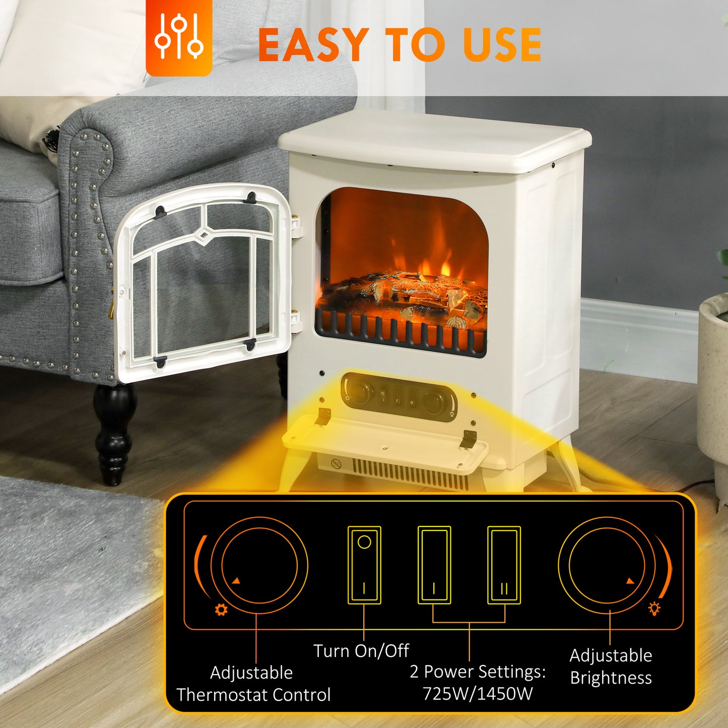 Electric Fireplace Heater with Realistic LED Flames - 725W/1450W, Beige