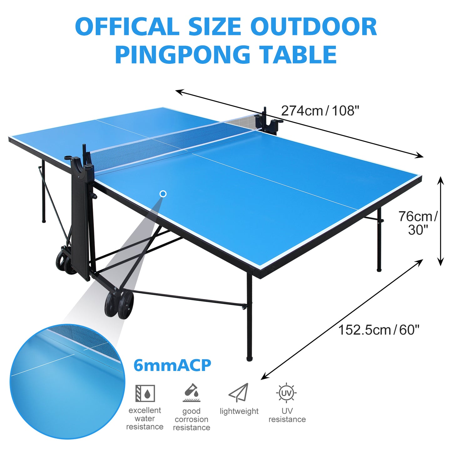 Competition Grade Foldable Outdoor Table Tennis Table Set - Blue
