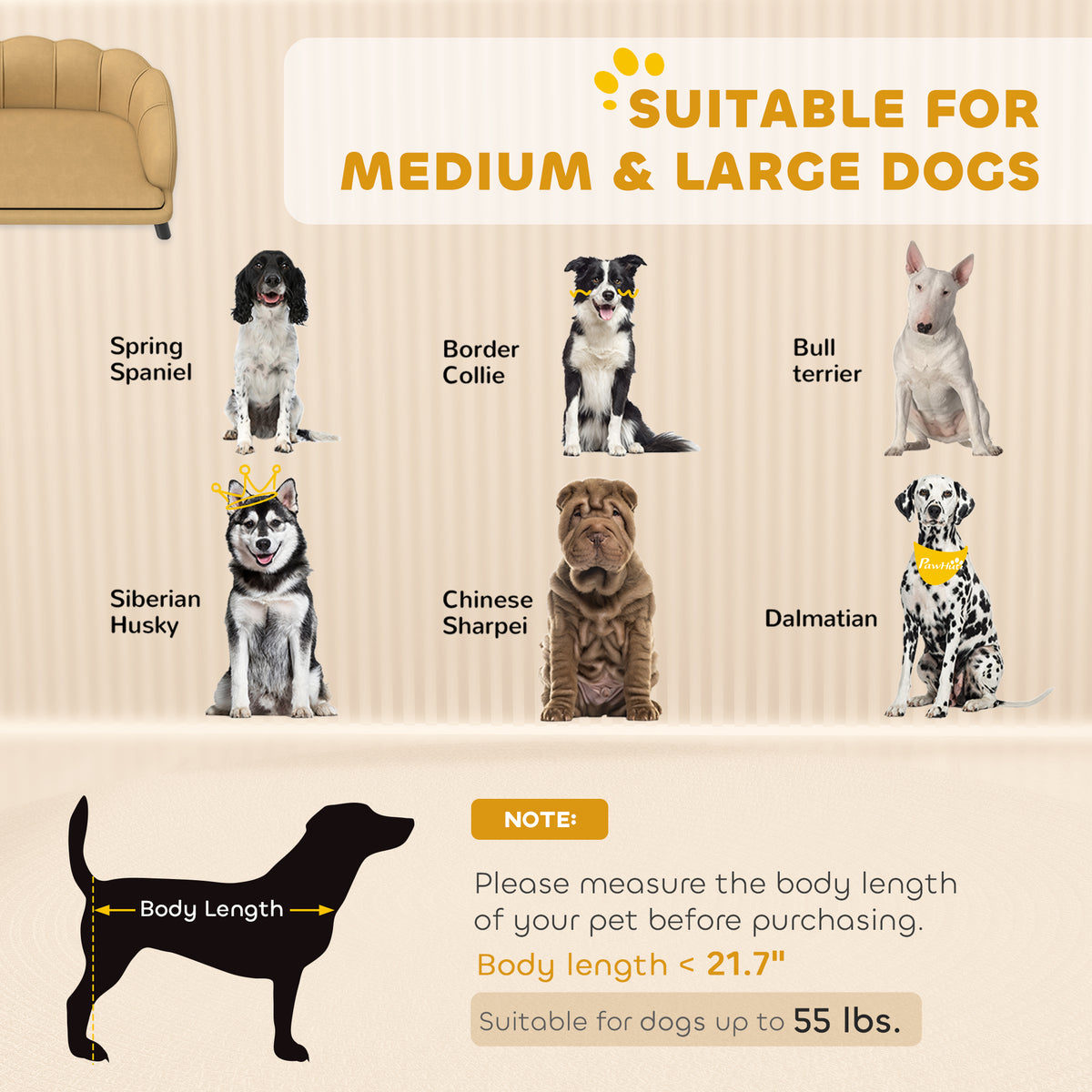 Pet Sofa Bed with Velvet Cushion & Solid Wood Legs for Medium & Large Dogs